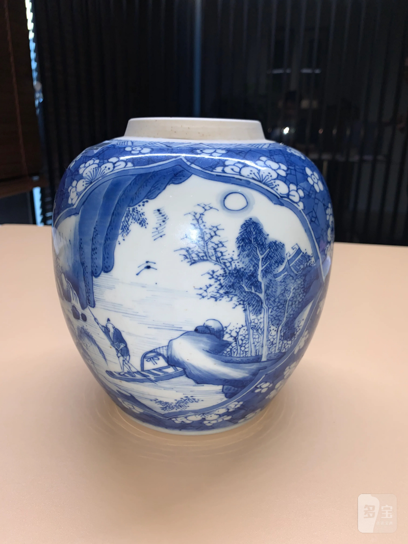 清康熙 青花冰梅开光山水人物纹罐 - 图3